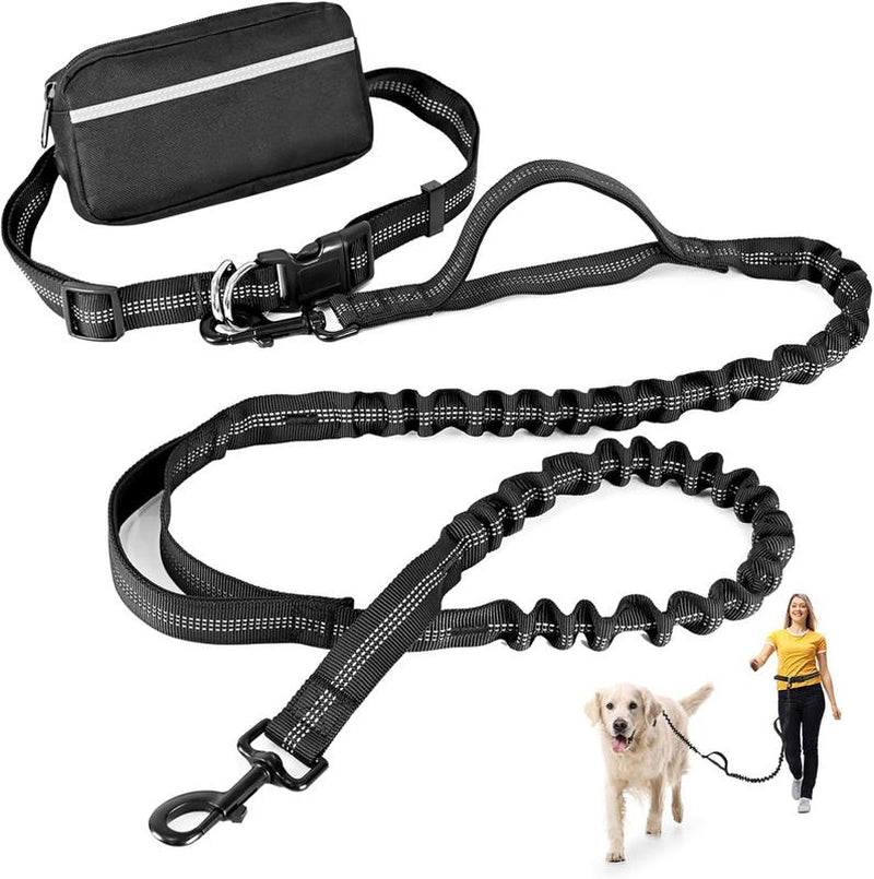 Hands-Free Dog Leash with Zipper Pouch–Retractable Bungee Waist Leash with Dual Padded Handles and Fanny Pack for Training, Walking, Running, and Hiking with Medium to Large Dogs